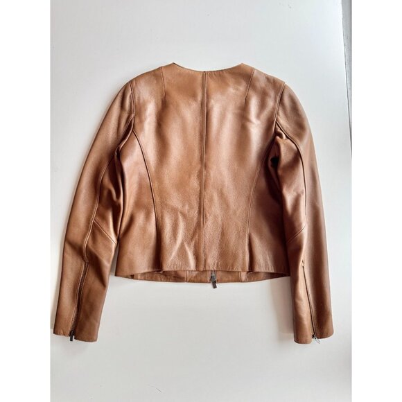 VINCE Saddle Brown Lamb Leather Zip Front Minimalist Collarless Jacket, Size S - Picture 10 of 16